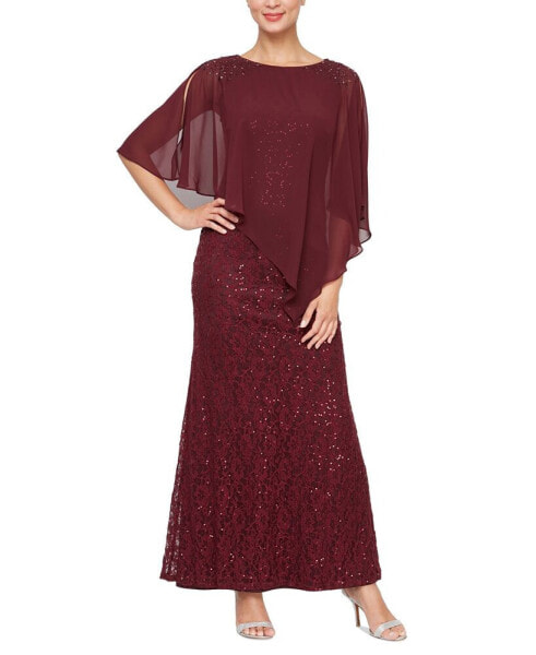 Women's Sequin Lace Chiffon Caplet Gown