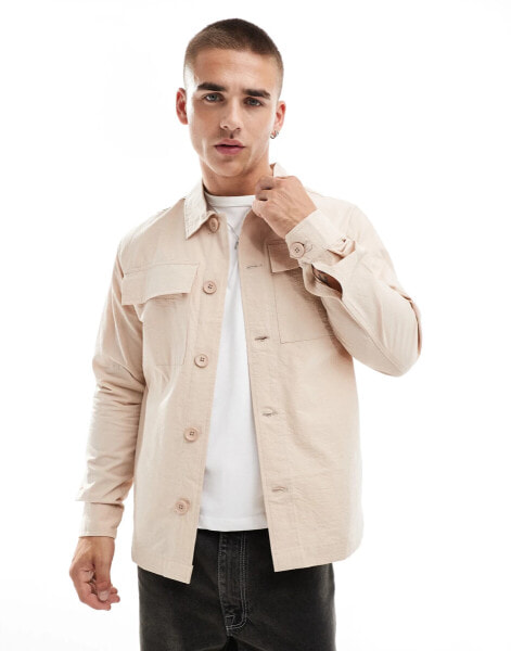 Brave Soul Co-ord seersucker lightweight shacket in stone