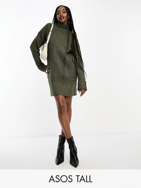 ASOS DESIGN Tall knitted jumper mini dress with high neck in khaki