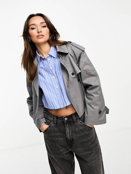 Stradivarius oversized cropped trench coat in slate grey 