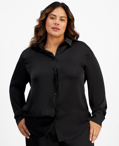 Trendy Plus Size Satin Button-Front Shirt