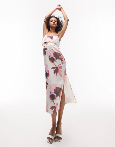 Topshop floral print satin cami midi dress in light pink