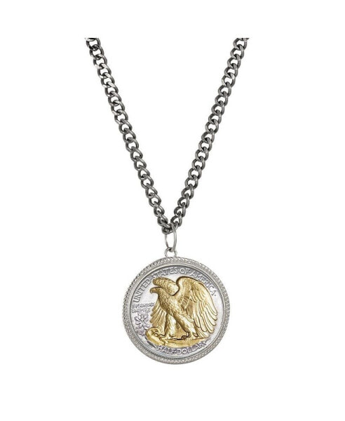 16364 Walking Liberty Silver Half Dollar Pendant with Curb Chain for Men - Reverse 2 Tone Plating