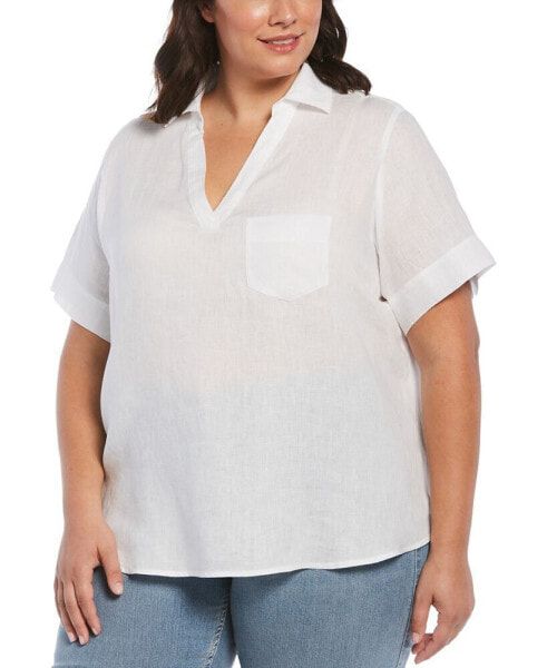 Plus Size Split Neck Short Sleeve Linen Top