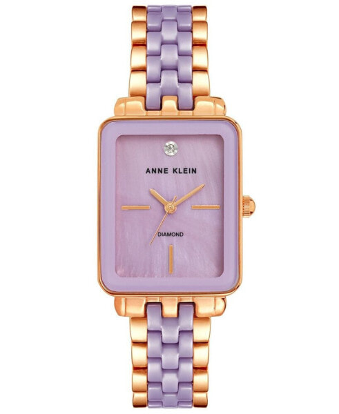 Women's Three Hand Quartz Rose Gold-tone Alloy and Lavender Ceramic Link Bracelet Watch, 32mm