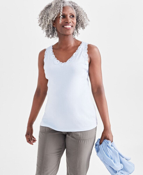 Women's Lace-Trim Cotton Tank Top, Created for Macy's