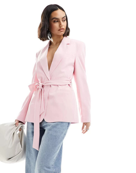 ASOS DESIGN tailored belted blazer in pink