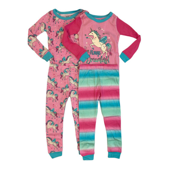 Member's Mark Girl's 100% Cotton 4 Piece Long Sleeve Pajama Set (Unicorn, 2T)