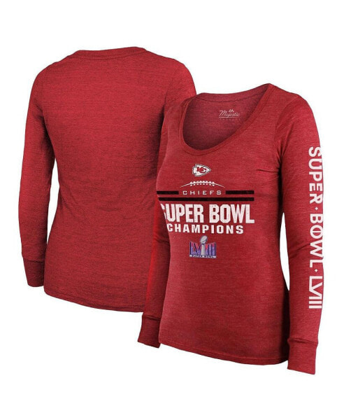Women's Red Kansas City Chiefs Super Bowl LVIII Champions Goal Line Stand Scoop Neck Tri-Blend Long Sleeve T-shirt