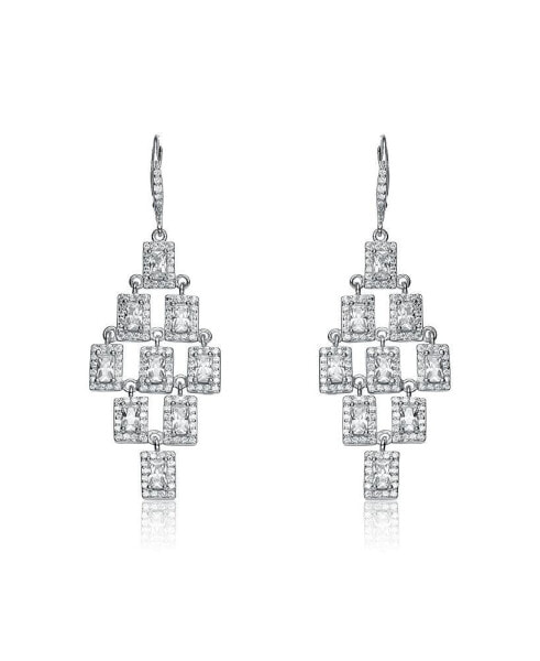 Sterling Silver White Gold Plated Clear Square Shape Chandelier Earrings