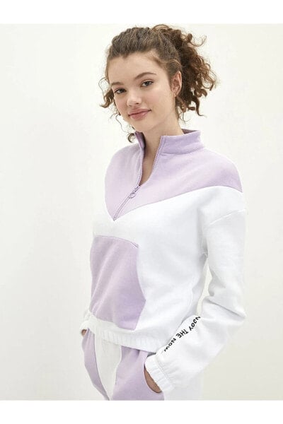 Dik Yaka Renk Bloklu Uzun Kollu Kadın Sweatshirt
