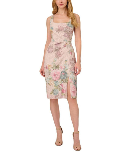 Women's Floral-Print Textured Square-Neck Sheath Dress