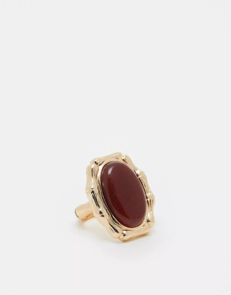 ASOS DESIGN ring with real semi precious stone and bamboo design in gold tone