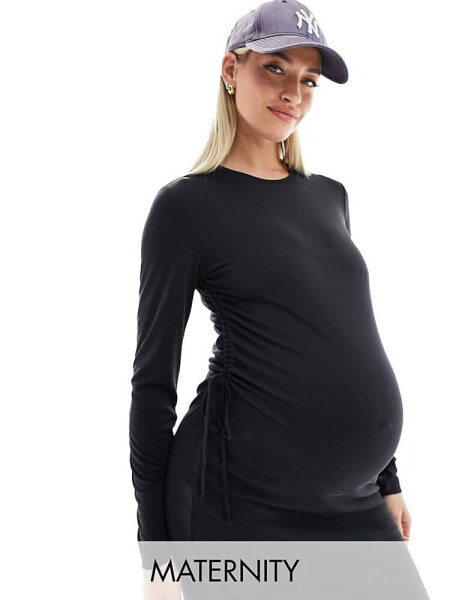 Vero Moda Maternity ruched tie side midi dress in black