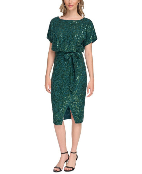 Women's Sequin Floral-Lace Blouson Wrap Dress