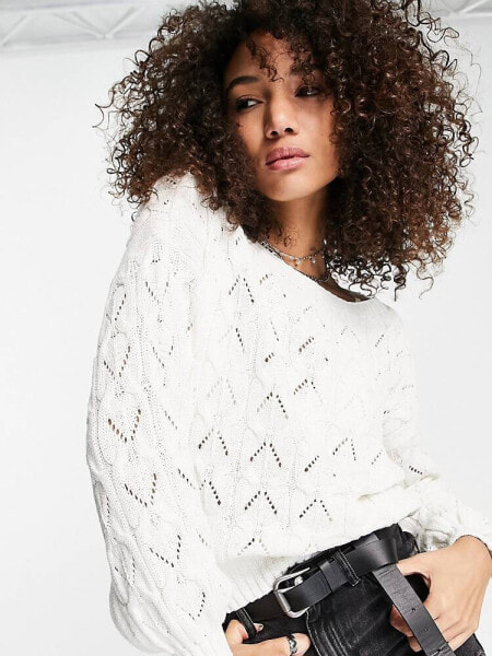 Only crew neck pointelle jumper in white