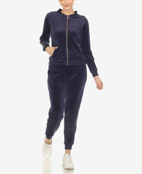 Women's Faux Leather Stripe Velour 2 Piece Tracksuit Set