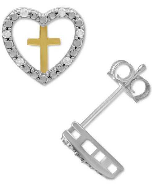 Diamond Heart & Cross Stud Earrings (1/10 ct. t.w.) in Sterling Silver & 14k Gold-Plate