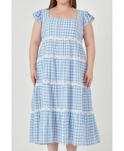 Plus Size Floral Lace Gingham Printed Midi Dress
