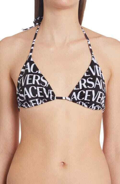 Versace Womens Logo Print Triangle Bikini Top Swimwear Black White Size 2