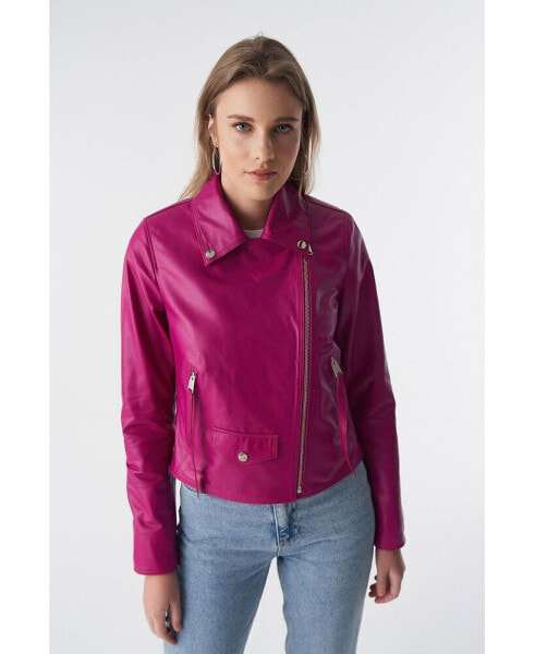 Women's Classic Biker Jacket, Fuchsia Nappa