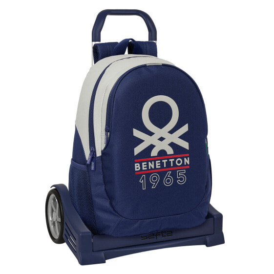 School Rucksack with Wheels Benetton Varsity Grey Navy Blue 32 x 44 x 16 cm