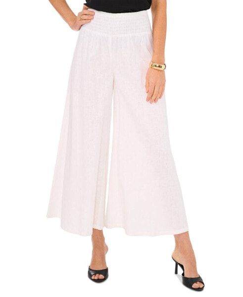 Women's Linen Blend Smocked Waist Cropped Wide Leg Pants