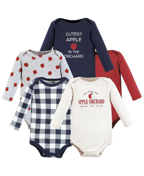 Baby Boys Cotton Long-Sleeve Bodysuits, Apple Orchard 5-Pack