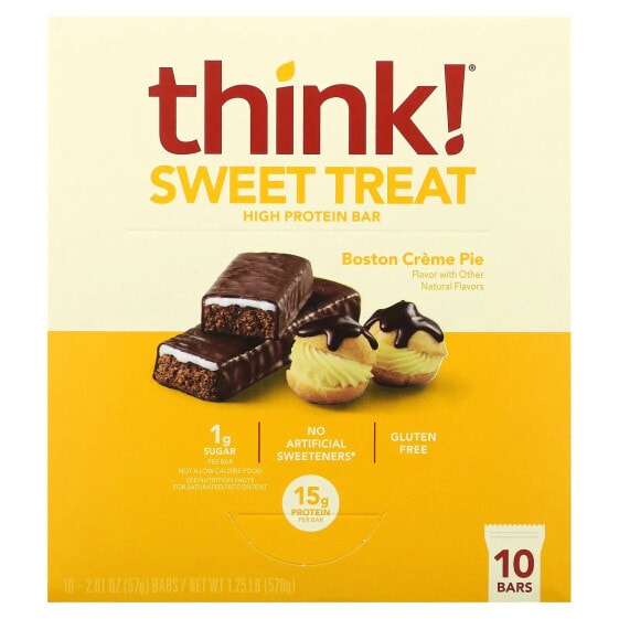 Think !, Батончик с высоким содержанием белка Sweet Treat, бостонский кремовый пирог, 10 батончиков, 57 г (2,1 унции)