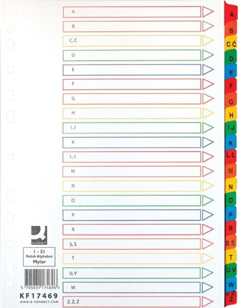 Q-Connect Przekładki Q-CONNECT Mylar, karton, A4, 225x297mm, A-Z, 21 kart, lam. indeks, mix kolorów