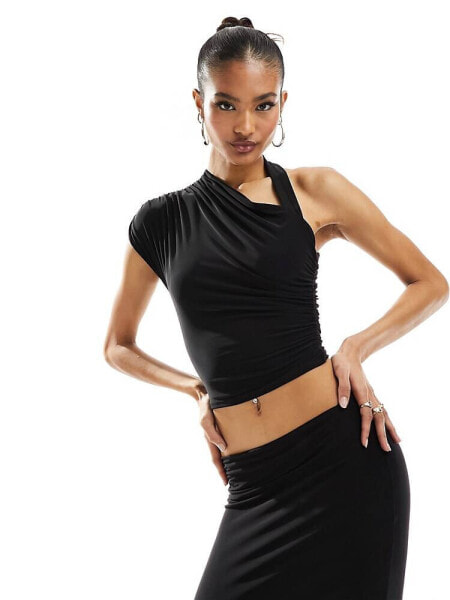 Kaiia slinky one shoulder crop top co-ord in black