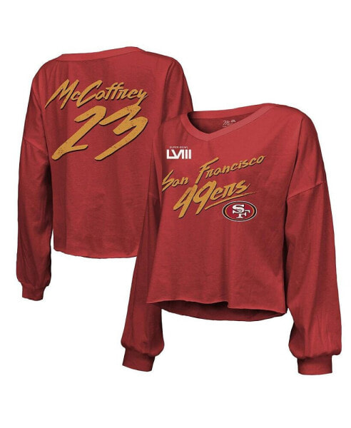 Women's Threads Christian McCaffrey Scarlet Distressed San Francisco 49ers Super Bowl LVIII Script Off-Shoulder Cropped Long Sleeve T-Shirt