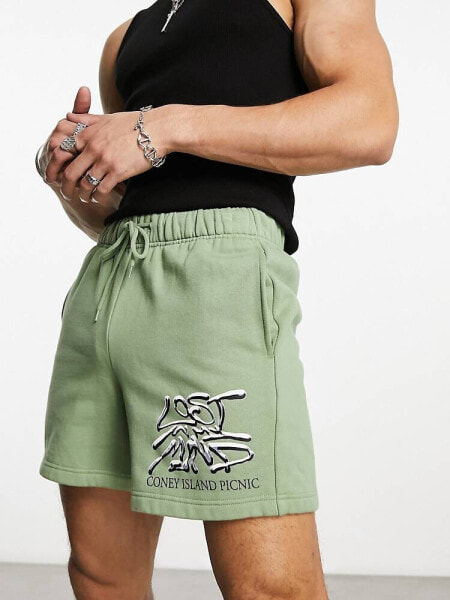 Coney Island Picnic co-ord jersey shorts in green with lost mind print