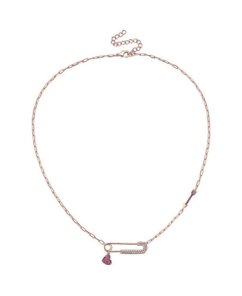 18K Rose Plated with Ruby & Cubic Zirconia Heart Charm Dangle Paperclip Adjustable Length Necklace