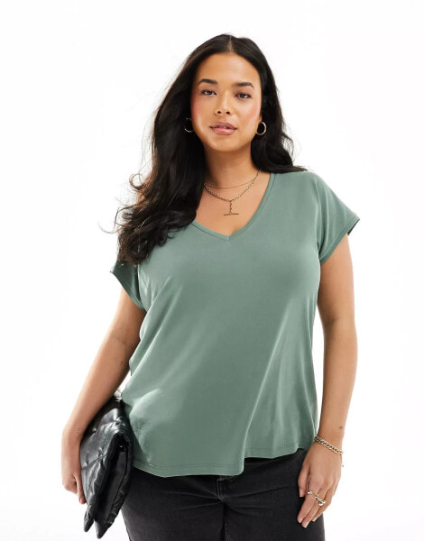 Vero Moda Curve slinky v neck t-shirt in khaki