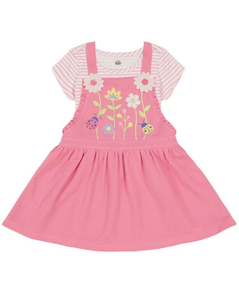 Little Girls Striped Jersey T-shirt and Floral French Terry Pinafore Set