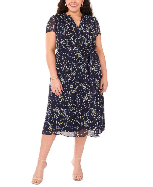 Plus Size Printed Split-Neck Pintuck Midi Dress