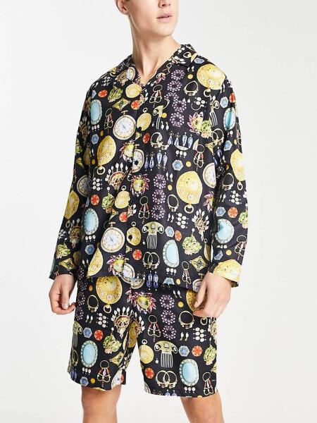 ASOS DESIGN woven pyjama set with long sleeve shirt and shorts in multi print in black