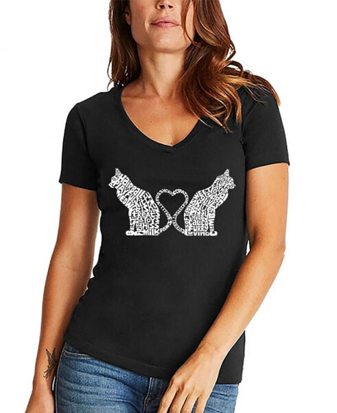 Women's Word Art Cat Tail Heart V-Neck T-Shirt