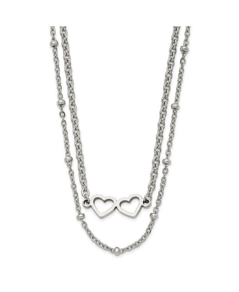 Chisel polished Double Hearts on 18 inch 2-Strand Cable Chain Necklace
