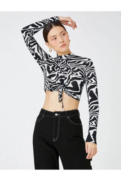 Zebra Desenli Büzgülü Uzun Kollu Crop Tişört