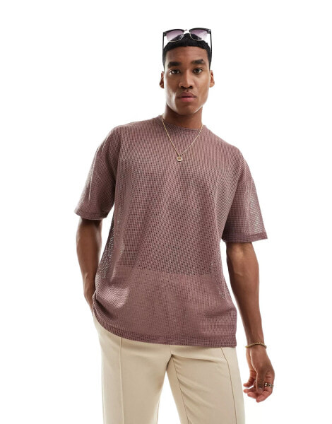 ASOS DESIGN oversized t-shirt in mauve open mesh