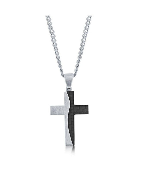 Men's Stainless Steel Silver & Carbon Fiber Cross Necklace