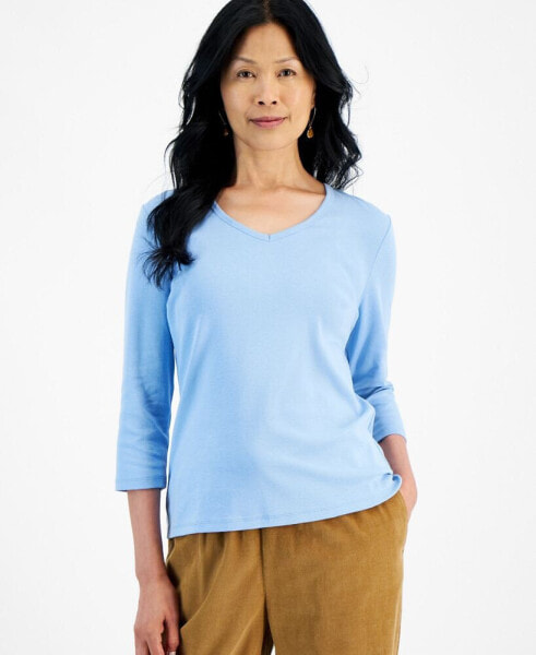 Women's Cotton 3/4-Sleeve V-Neck Tee, Created for Macy's