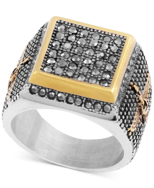 Men's Black Crystal Square Cluster Ring in Stainless Steel & Gold-Tone Ion-Plate