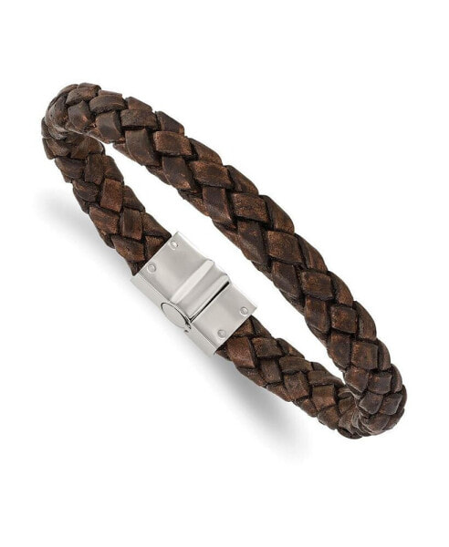 Stainless Steel Polished Brown Woven Leather Bracelet