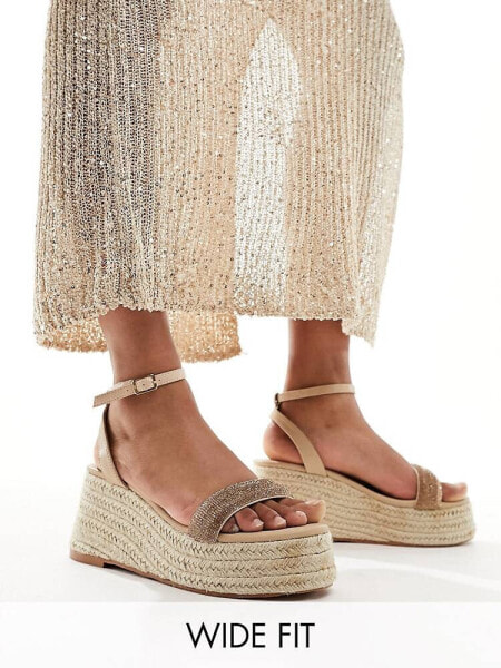 Glamorous Wide Fit espadille platform heeled sandals in gold diamante