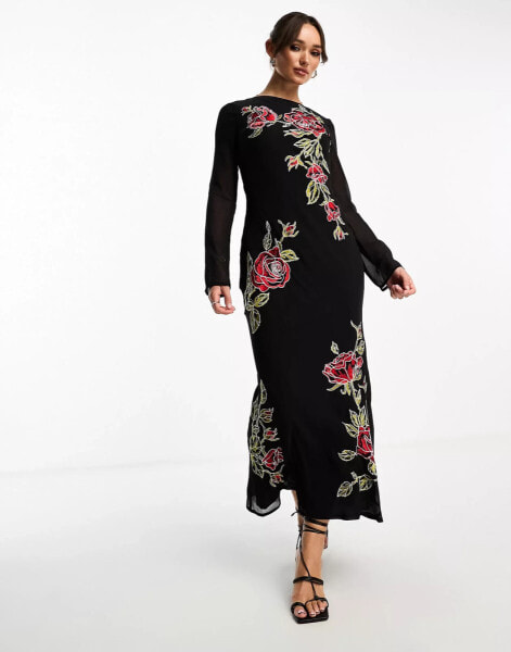 ASOS DESIGN long sleeve maxi dress with red floral embroidery