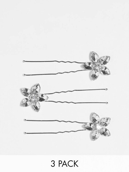 True Decadence occasion floral hair grips in silver crystal x 3