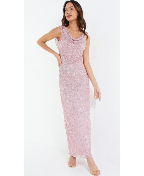 Women's Pink Cowl Neck Sequin Evening Dress